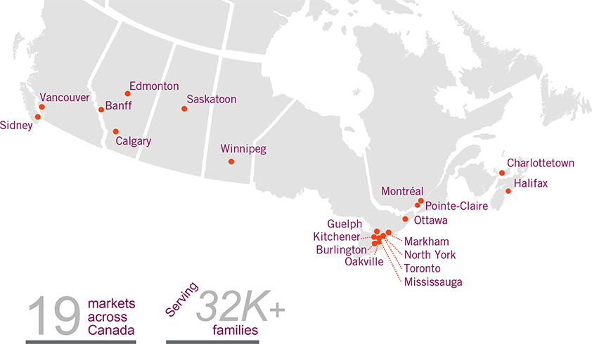 Map of Canada with offices. Full text below the image.