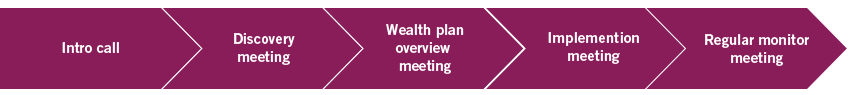 Intro call > Discovery meeting > Wealth planning overview > Implementation meeting > Regular monitoring meeting