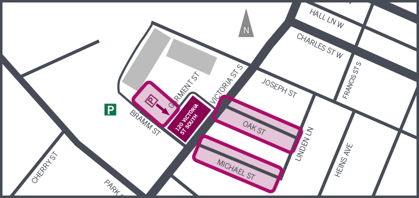 Map to Richardson Wealth parking options. There is parking marked behind the building as well as on Michael Street and Oak Street.